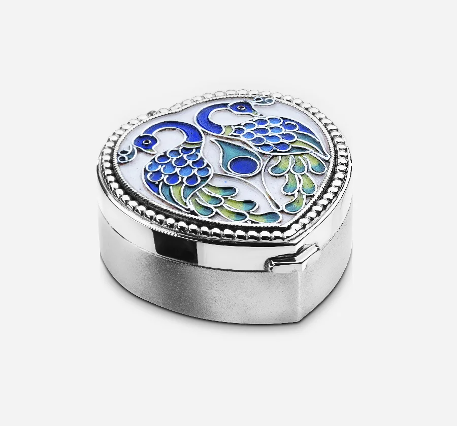 Silverware Beaded heart shaped box with peacock enamel BX-140 Cooke & Kelvey