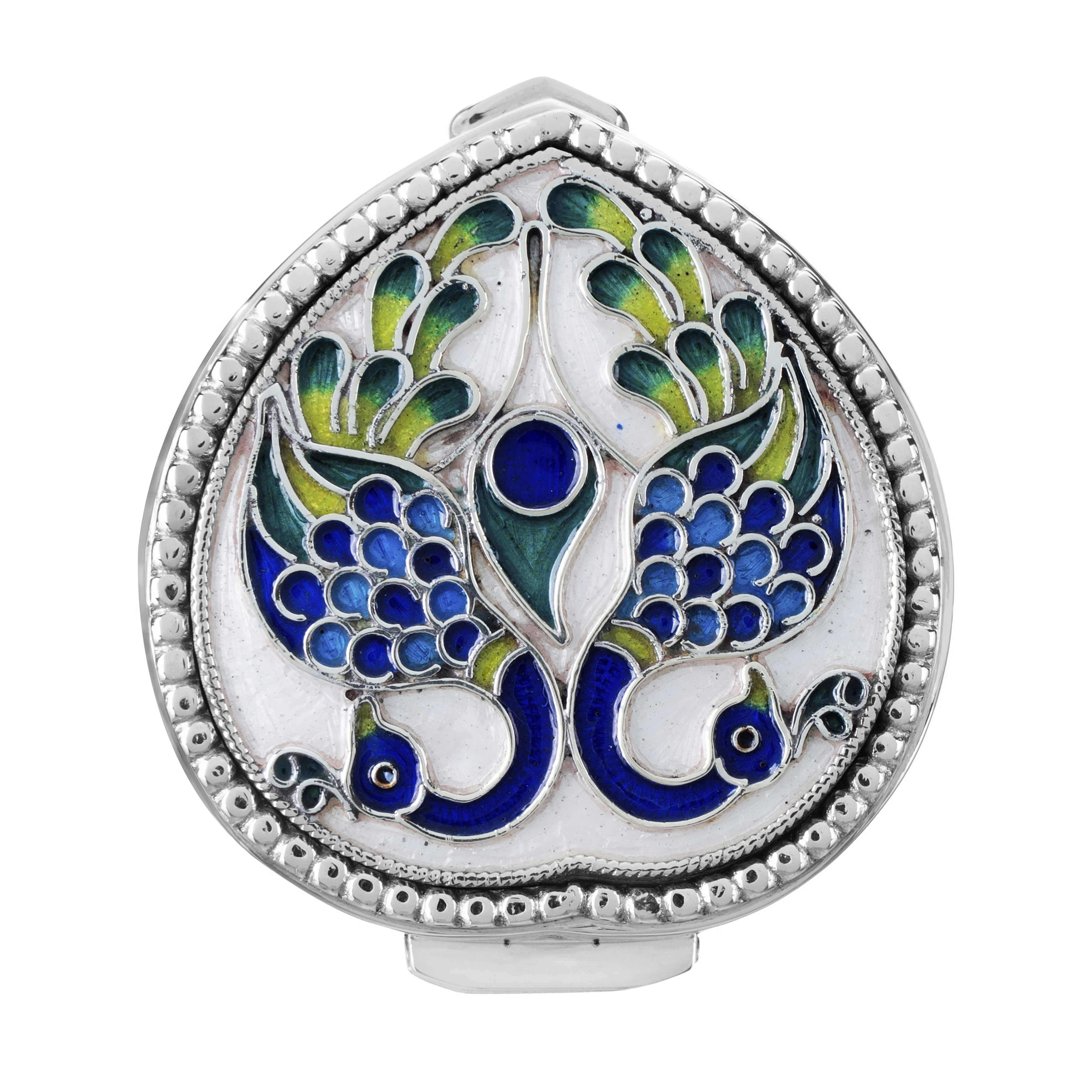 Silverware Beaded heart shaped box with peacock enamel BX-140 Cooke & Kelvey