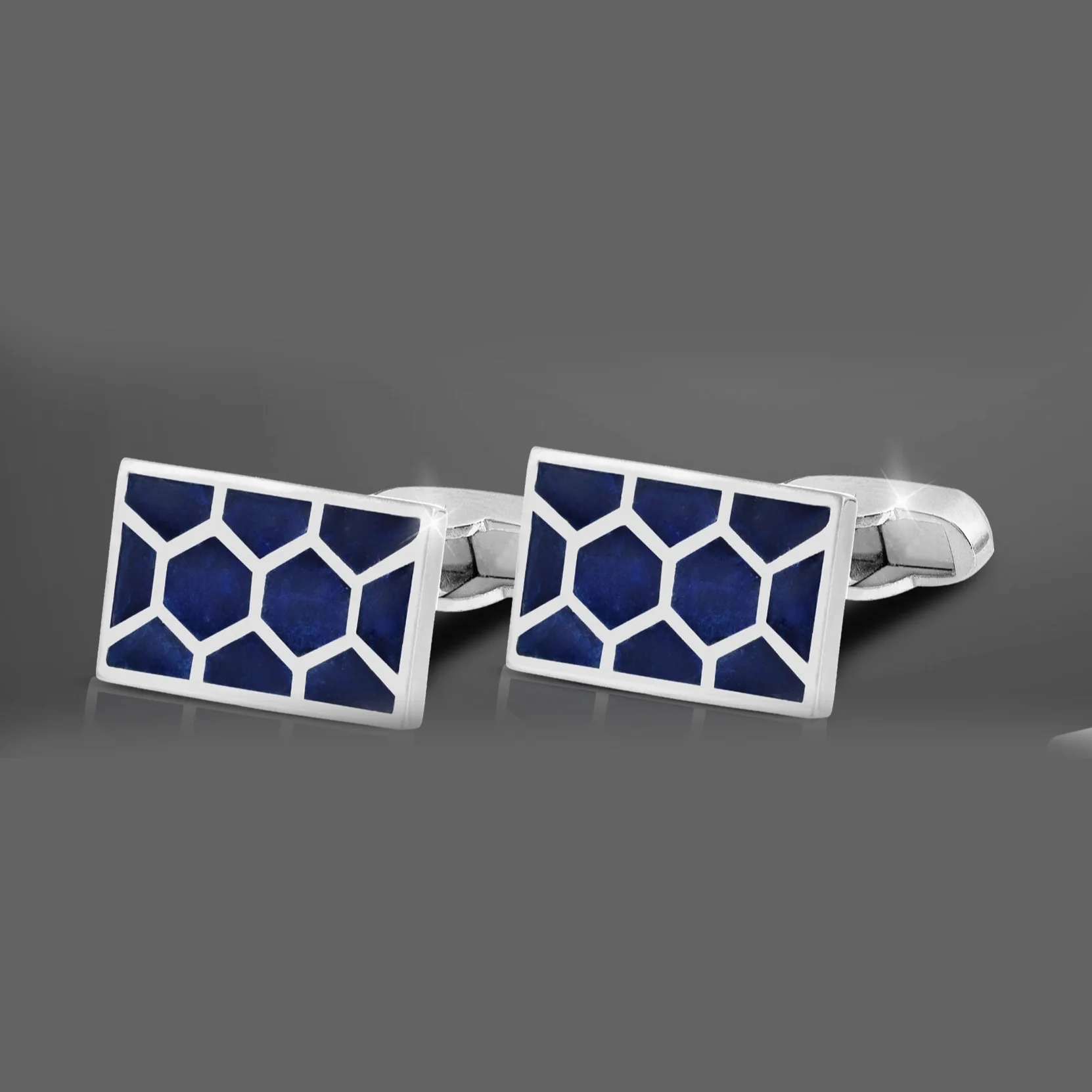 Silverware Silver Rectangle Honeycomb cufflink with blue enamel CF-125 Cooke & Kelvey