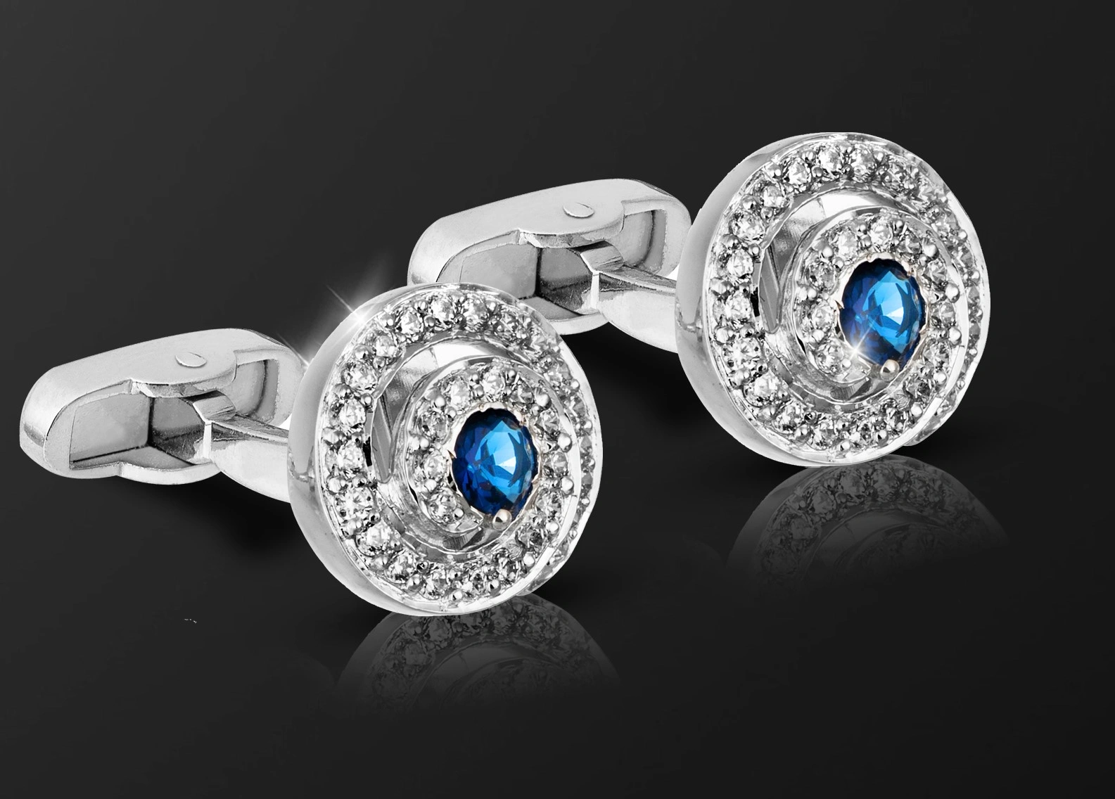 Silverware Silver Spiral Cufflink with Diamond and blue stone CF-155 Cooke & Kelvey