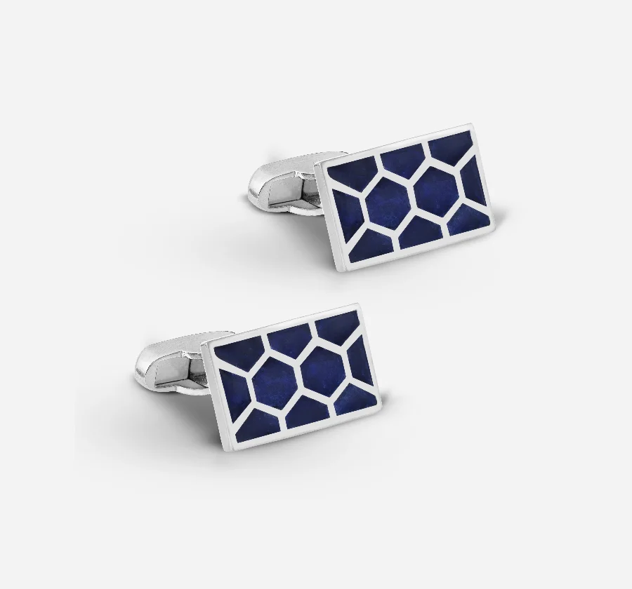 Silverware Silver Rectangle Honeycomb cufflink with blue enamel CF-125 Cooke & Kelvey