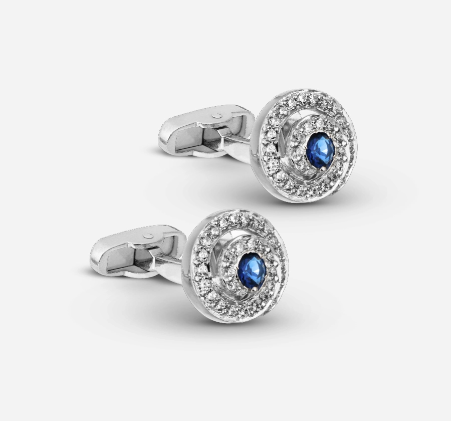 Silverware Silver Spiral Cufflink with Diamond and blue stone CF-155 Cooke & Kelvey