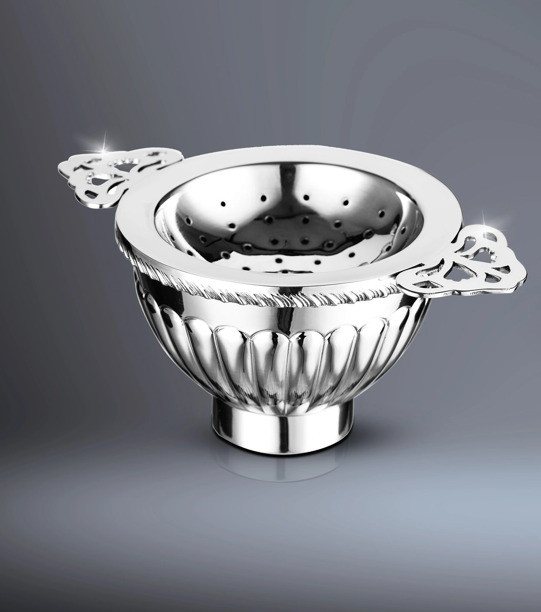 Silverware Silver Round Q.A. Design Tea Strainer with short perforated handles TC-101 Cooke & Kelvey